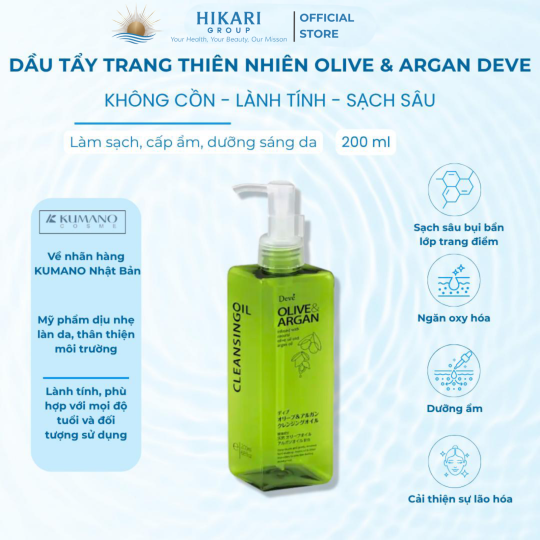 Dầu Tẩy Trang Thiên Nhiên Kumano Deve Chiết Xuất Dầu Olive & Argan 200ml